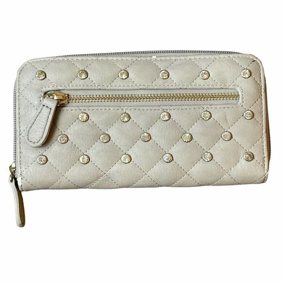 NWOT Solid Light Gray Multi Pocket Studded Wallet with zippers and white studs - Picture 1 of 9